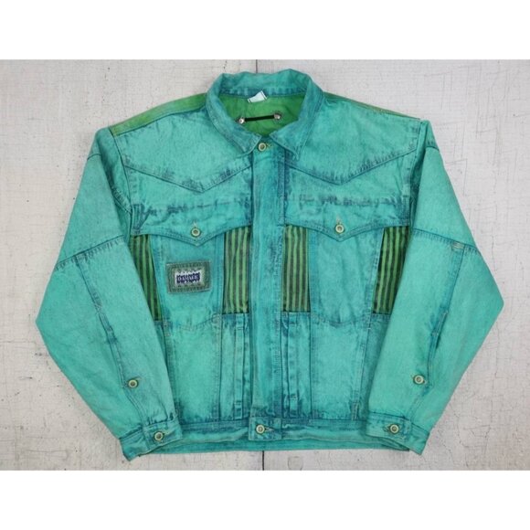 Vintage 90s Major Damage Turquoise Denim Jacket Men’s XL Hong Kong Hip Hop Rave - Picture 1 of 12